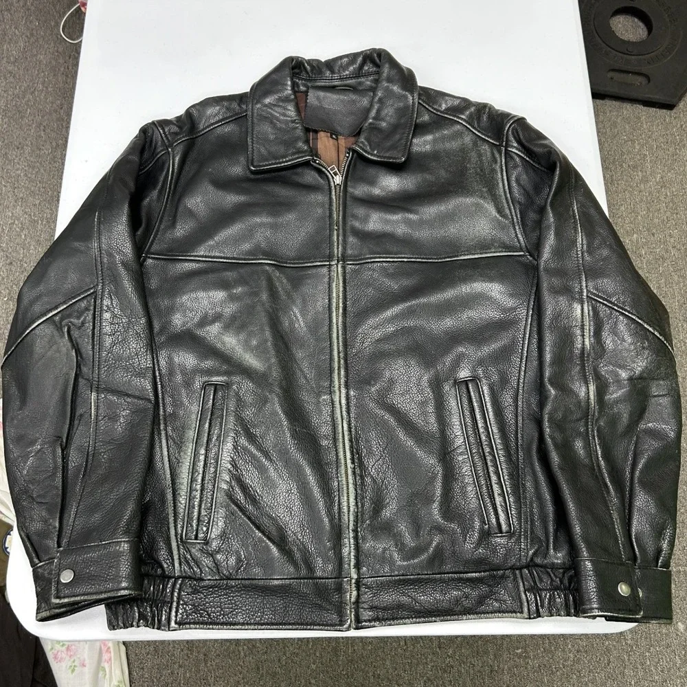 Unbranded Leather Bomber Jacket Mens XL Black Plaid Lined Distressed Zip Up